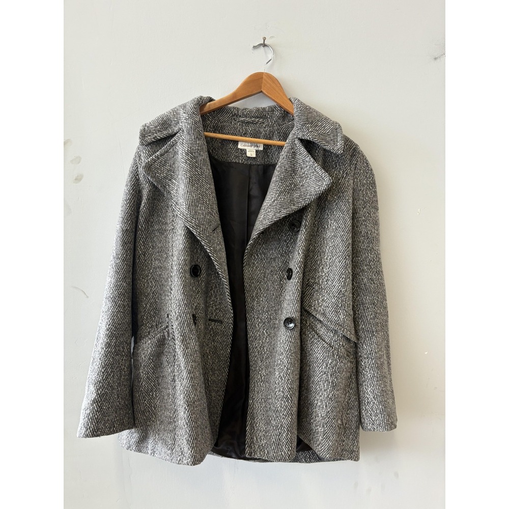 Coldwater Creek Coat Womens Large Gray Herringbone Tweed Pea Button Lined Strap